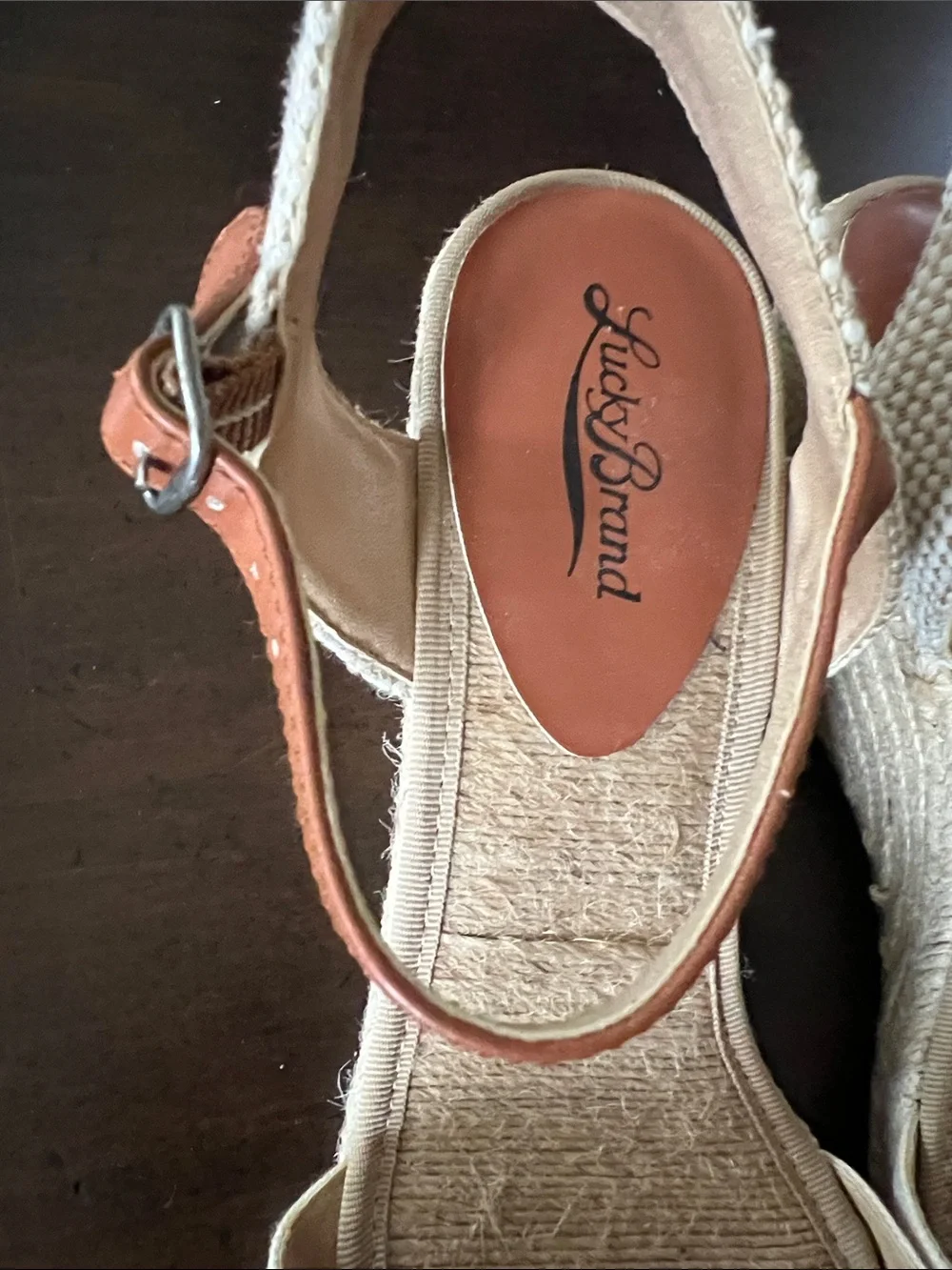 Lucky Brand Mindra boho cream Espadrille Wedge Brown Ankle Strap Size 10 NEW